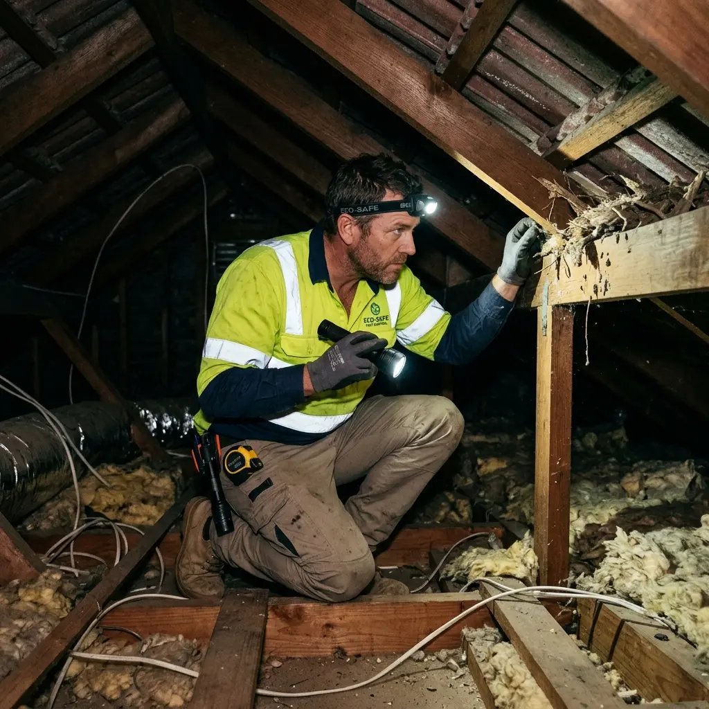 Technician inspecting a Brooklyn subfloor void for a deceased cat